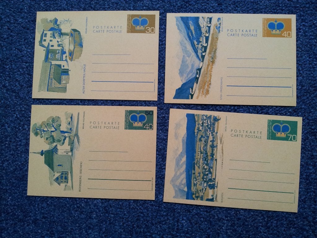 Liechtenstein 4 kaarten gebouwen landschap natuur 1973/76, Ophalen of Verzenden, Briefkaart