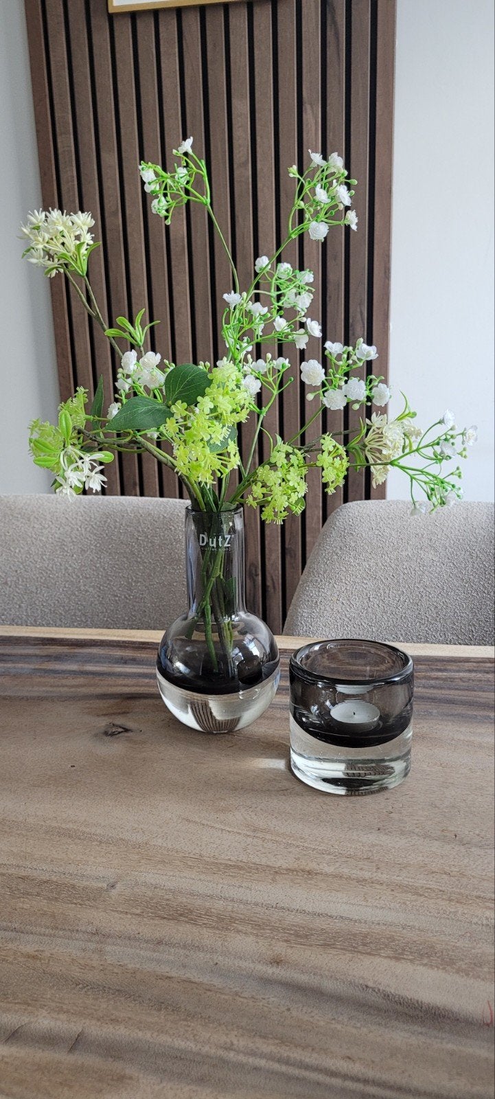 Dutz vaasje met zijde bloemen en waxinelicht houder, Glas, Ophalen, Zo goed als nieuw, Zwart