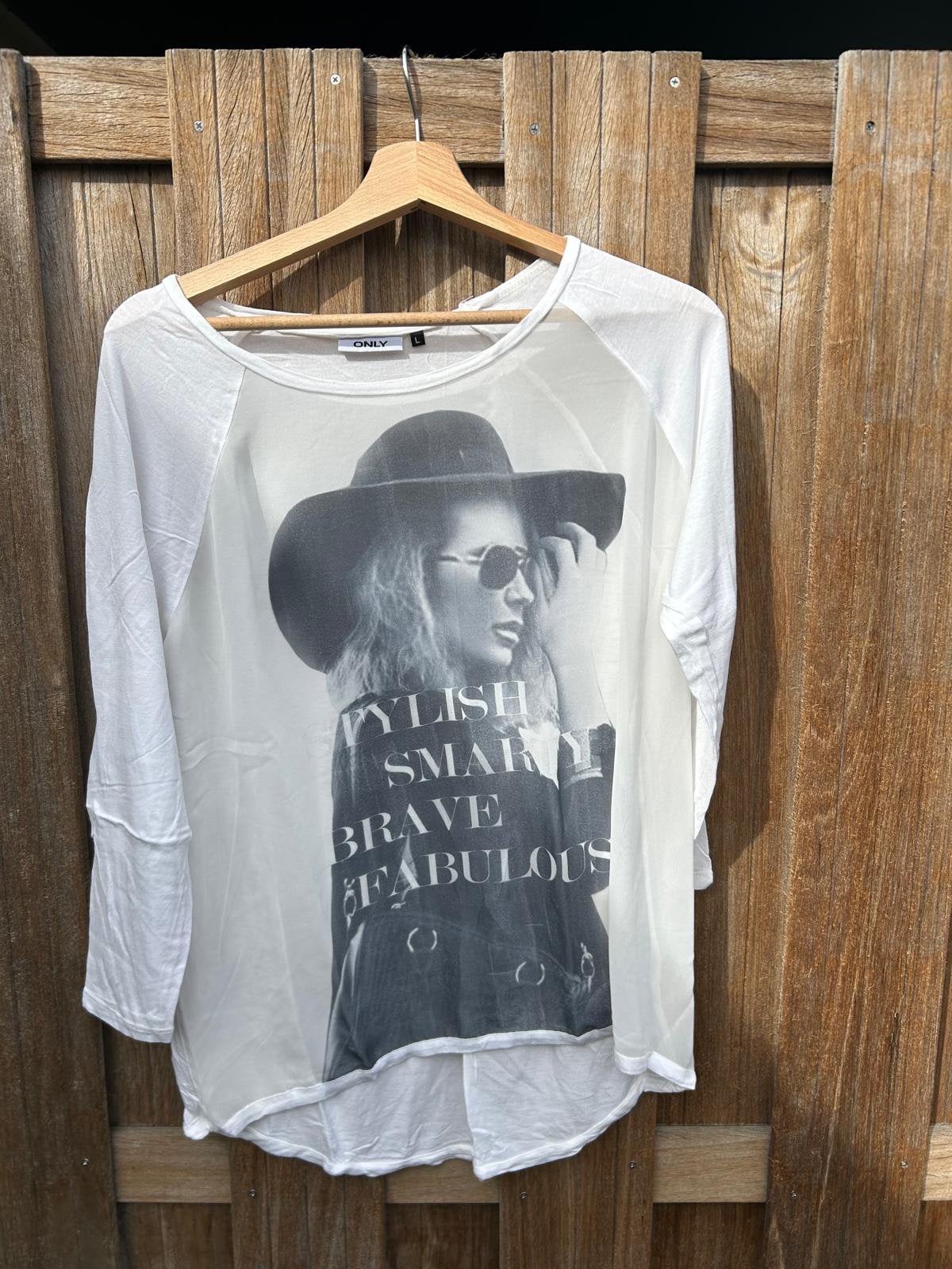 Shirt Maat L met print, Ophalen of Verzenden, Zo goed als nieuw, Wit, Lange mouw