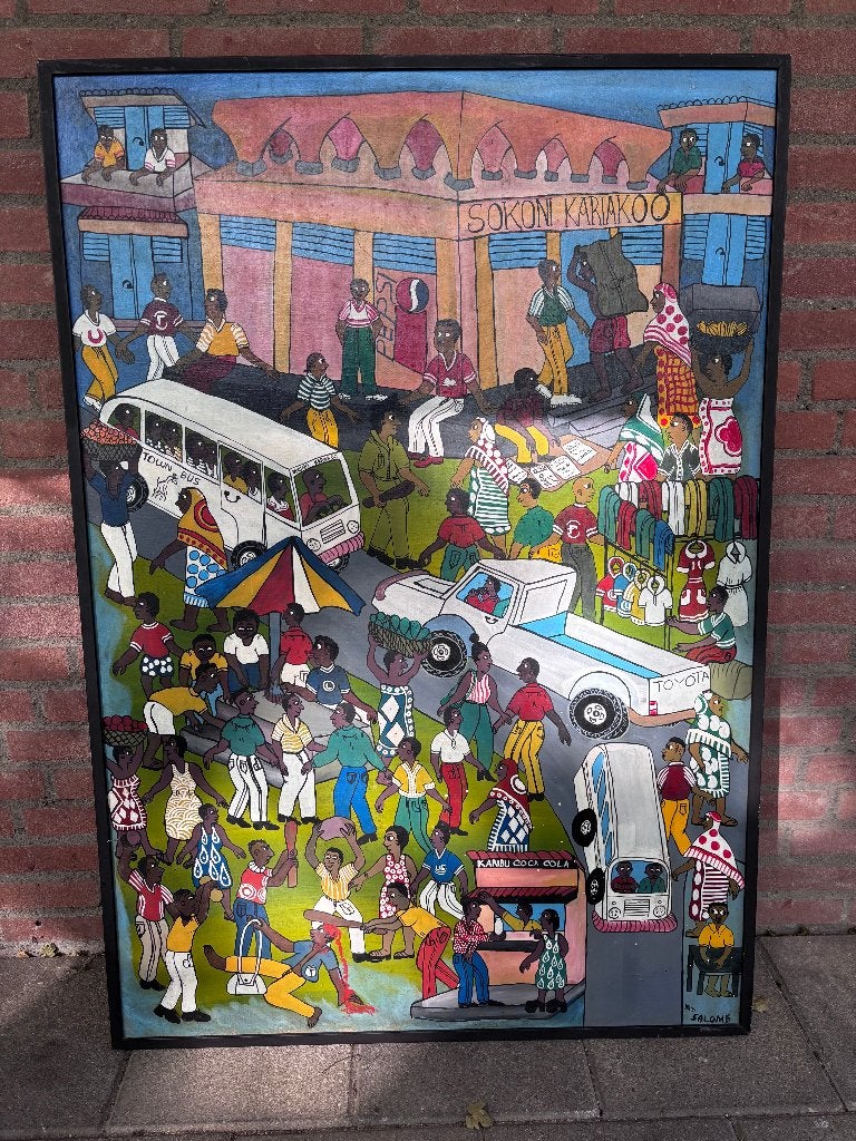 Kleurrijk Schilderij uit Tanzania, Ophalen, Op houten frame, Acrylverf, Overig onderwerp