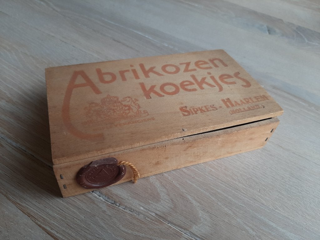 oud houten doosje Sipkes Haarlem Abrikozen koekjes met zegel, Gebruikt, X, Verpakking, Ophalen of Verzenden
