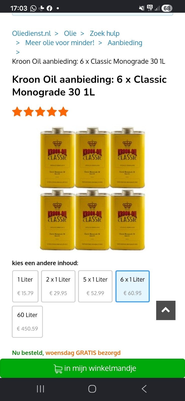 Kroon Classic Oil Monograde 30 - 6x 1L ongeopend, Ophalen of Verzenden, Nieuw