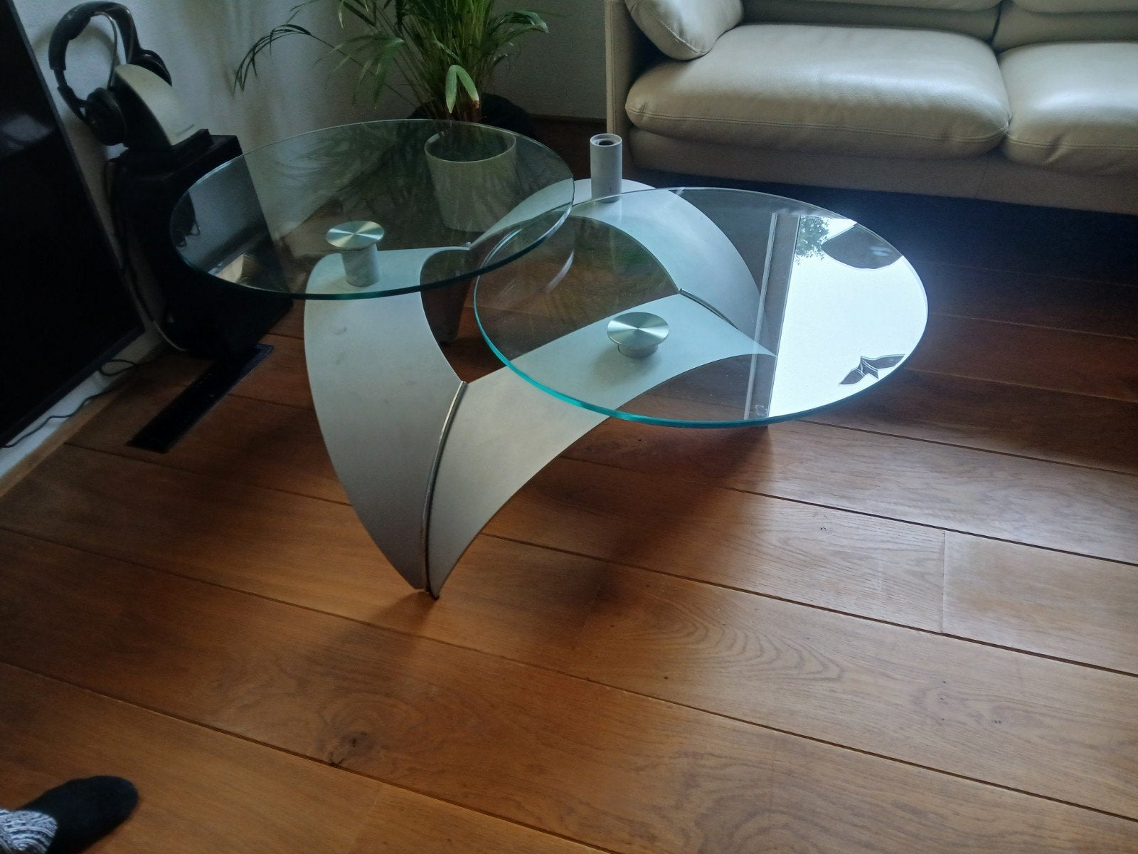 Vintage design space age  bijzettafel 3 draaibare glasplaten, Salontafel, Ophalen of Verzenden, Zo goed als nieuw, Vintage Retro design