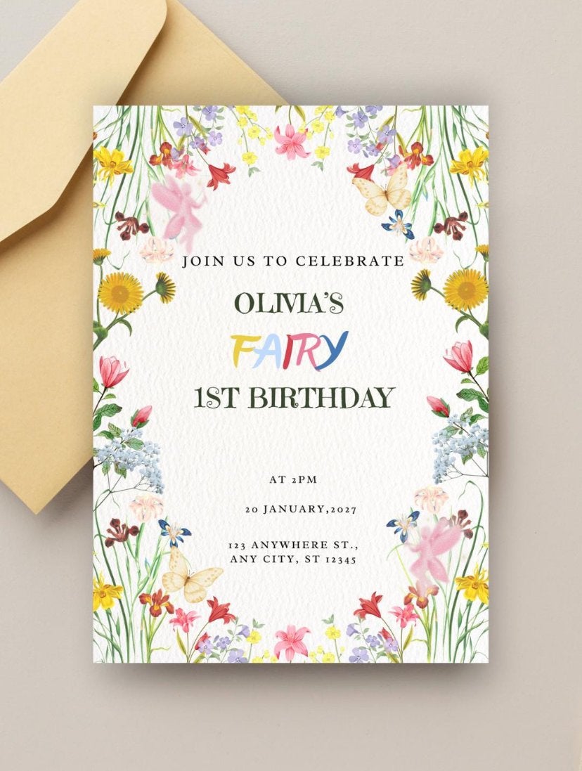 Digitale uitnodiging 1e verjaardag meisje - Feeën & Bloemen, Hobby en Vrije tijd, Kaarten | Zelf maken, Ophalen, Nieuw, Fantasie