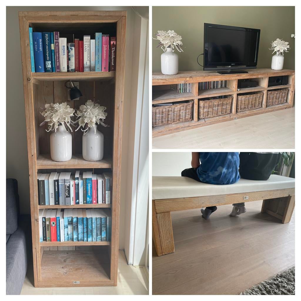 Steigerhouten boekenkast, tv meubel en bankje, Ophalen, Zo goed als nieuw