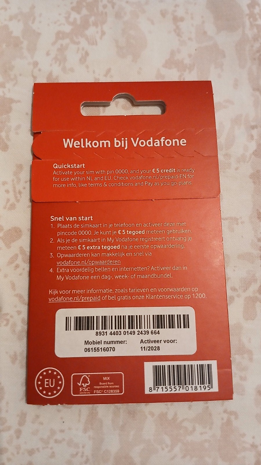MOOI NUMMER VODAFONE PREPAID 0615516070, Ophalen of Verzenden, Nieuw, Vodafone, Simkaart