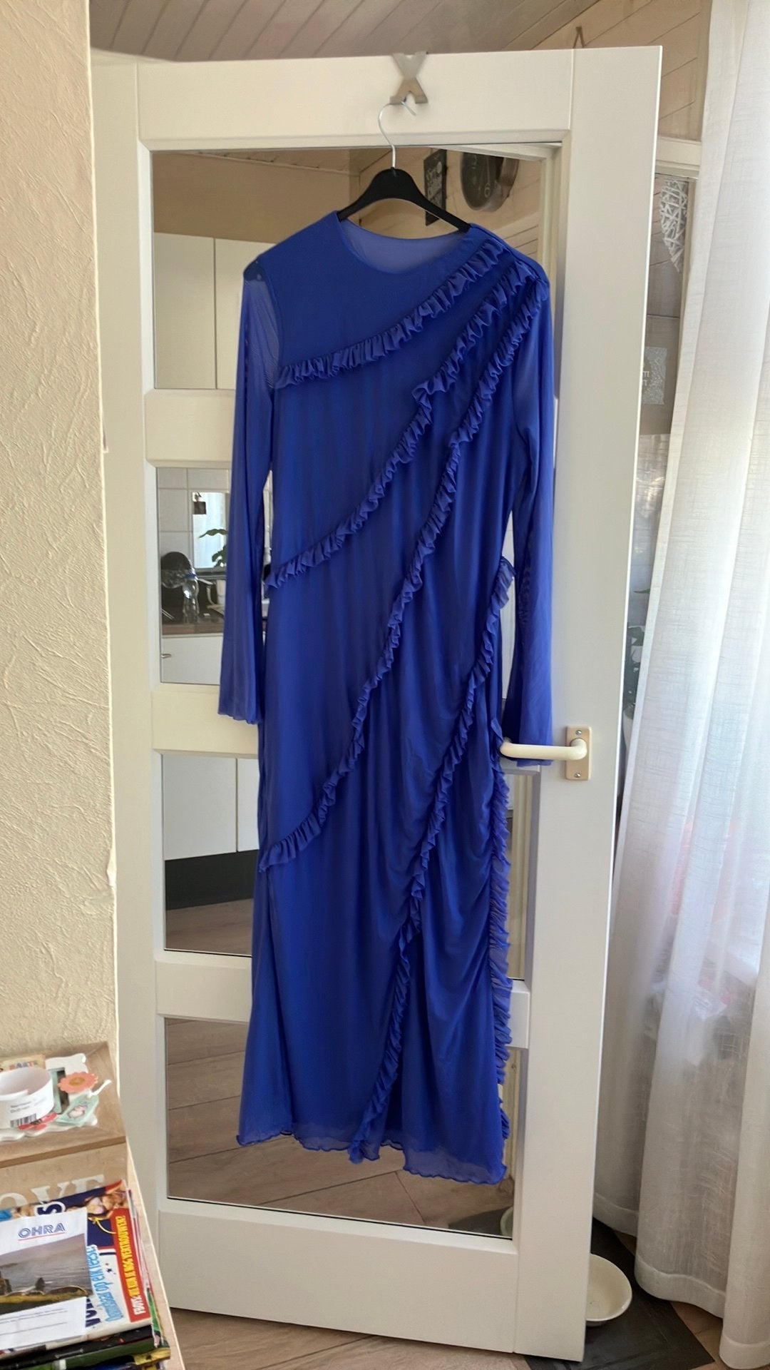 Lange mooie blauw/lila gevoerde stretch japon mt L/XL/44, Kleding | Dames, Galajurk, Blauw, Maat 42/44 (L), Ophalen of Verzenden
