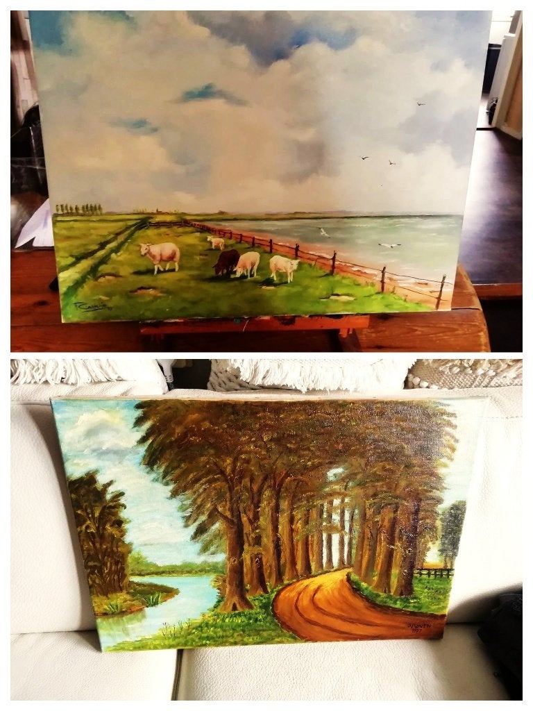 Schilderij klassiek schapen gesigneerd Castelijn en Ven '77, Ophalen of Verzenden, Klassiek, Landschap