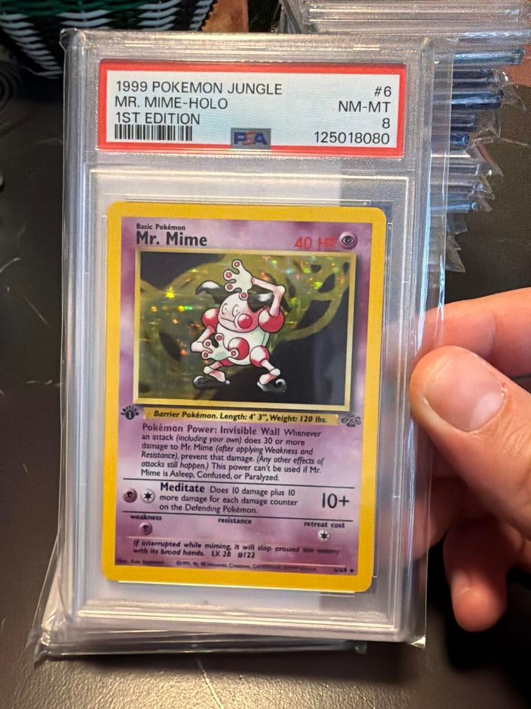 Mr. Mime Holo 1st Edition PSA 8, Hobby en Vrije tijd, Verzamelkaartspellen | Pokémon, Ophalen of Verzenden, Gebruikt, Losse kaart
