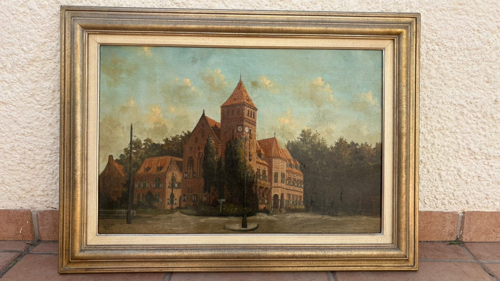 Olie schilderij A. Broekman oude raadhuis Zeist, Antiek en Kunst, Ophalen, Doek, Olieverf, Origineel werk