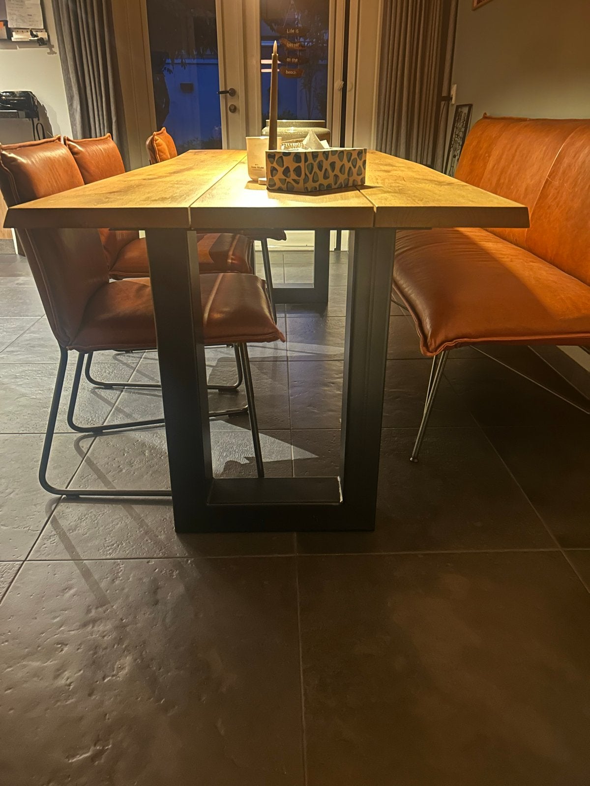 Massief eikenhouten eettafel met leren bank en stoelen, Ophalen, Eikenhout, 200 cm of meer, 50 tot 100 cm