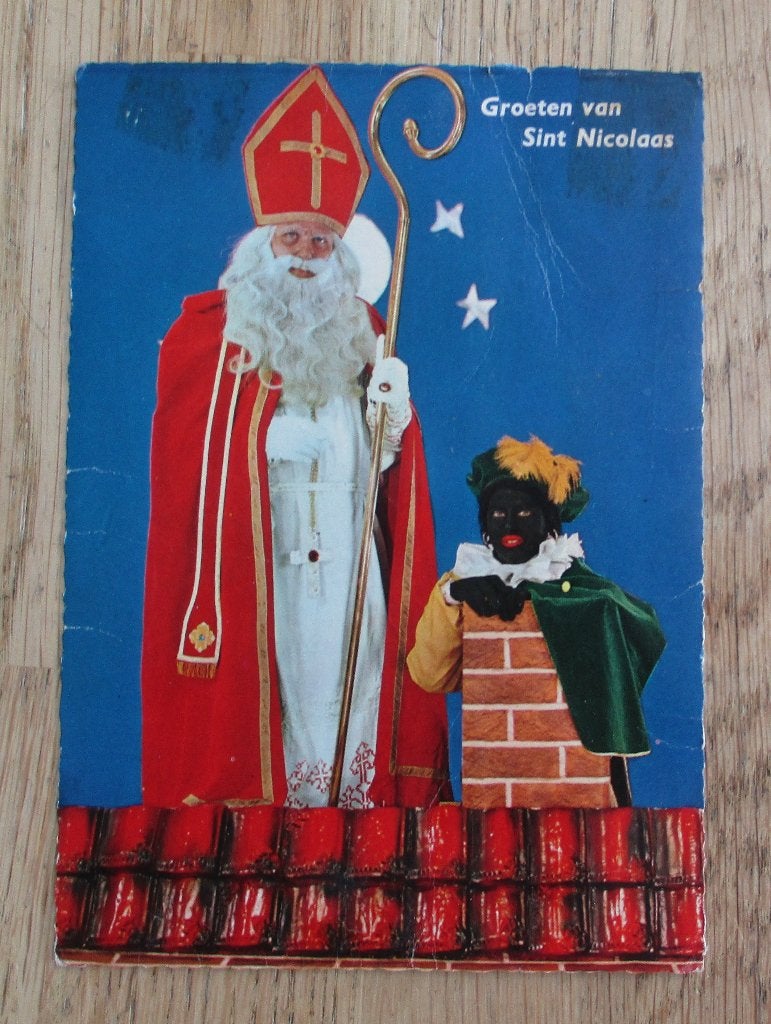 Vintage sinterklaas en piet kaart op dak sint nicolaas, Ophalen of Verzenden
