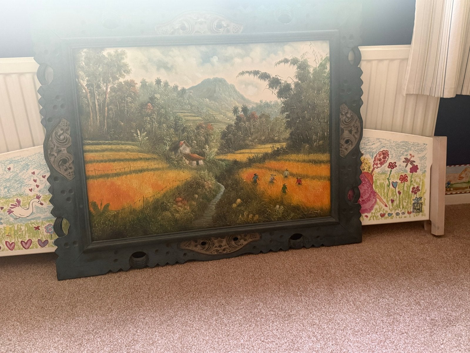 Prachtig Balinees Landschap Schilderij in Houten Lijst, Ophalen of Verzenden