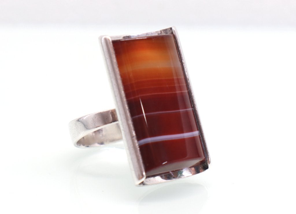 Vintage zilveren ring streep-agaat Finland 1969-1972, Ophalen of Verzenden, Zilver, Ring, Met edelsteen
