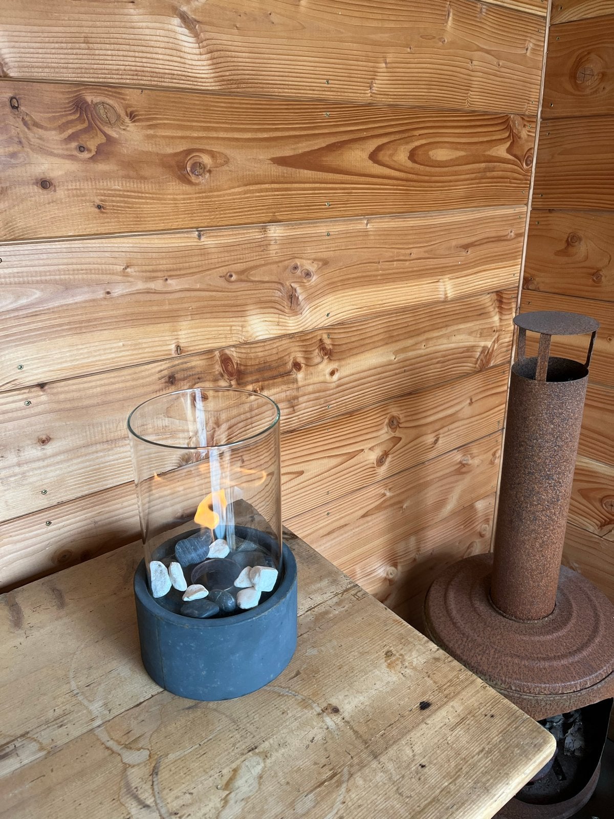 Sfeervolle bio-ethanol haard met glas en stenen, Ophalen, Zo goed als nieuw, Modern, Glas