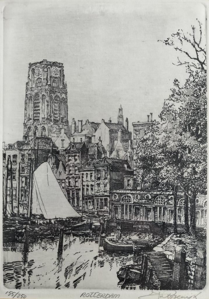 J. van Rijsewijk Rotterdam oud antiek ets schilderij, Antiek en Kunst, Kunst | Etsen en Gravures, Ophalen of Verzenden