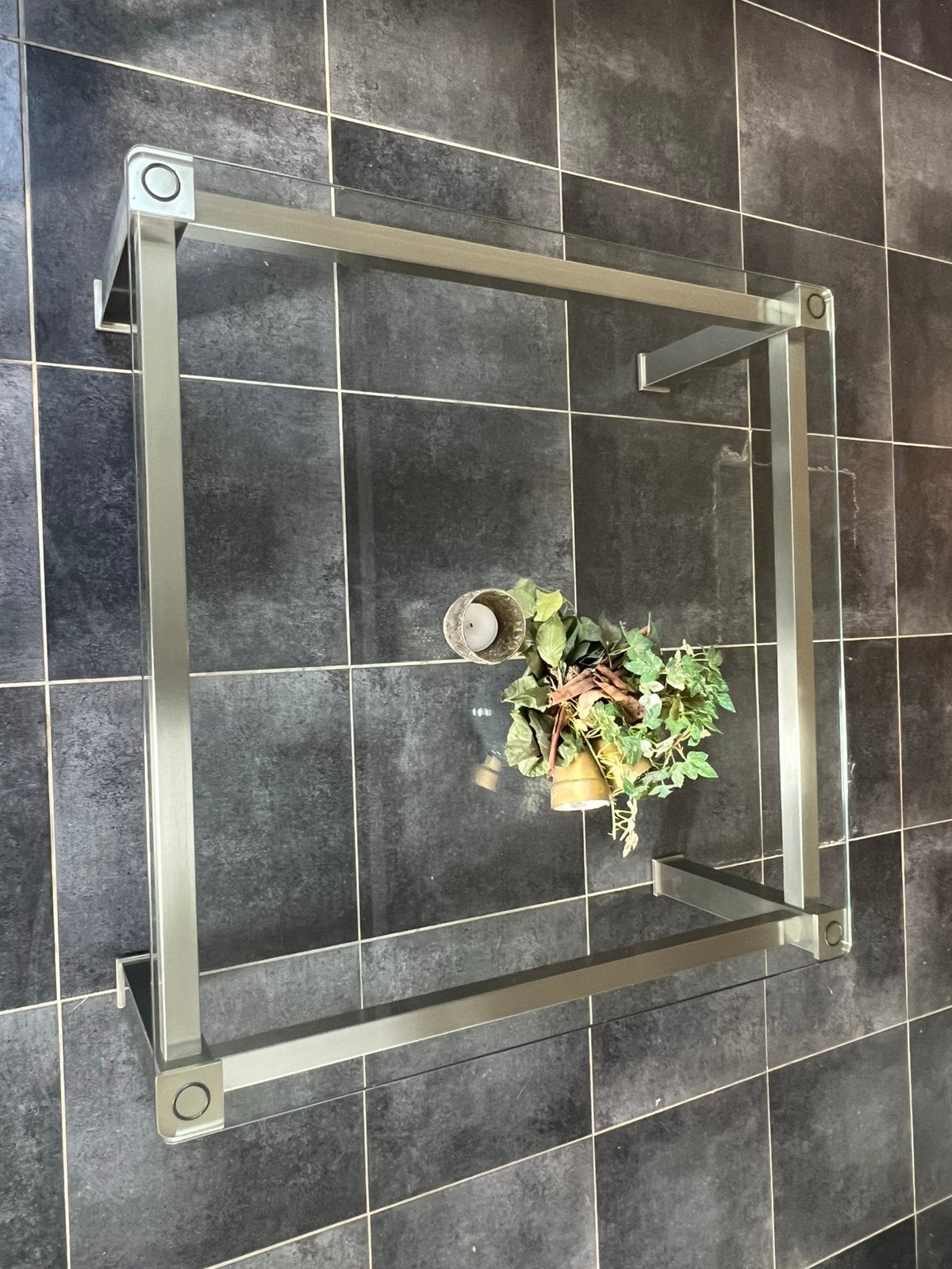 Mooie glazen salontafel met geborsteld stalen frame, Ophalen, Gebruikt, Vierkant, Glas