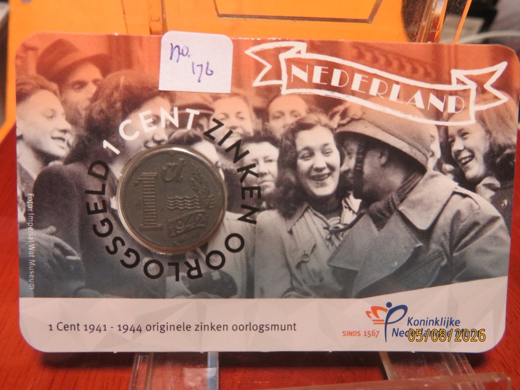 No.176-Coincard 1942 Bevrijding Nederland 75 jr .  LEES, Ophalen of Verzenden, Koningin Wilhelmina, 1 cent, Losse munt