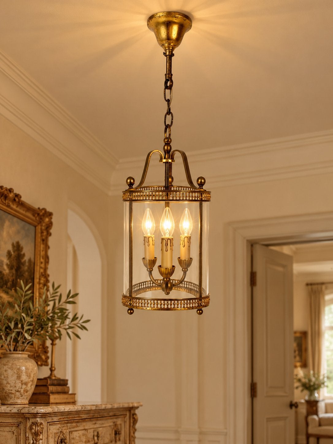 Antieke Franse lantaarnkroon hanglamp, Ophalen of Verzenden, Zo goed als nieuw, Glas