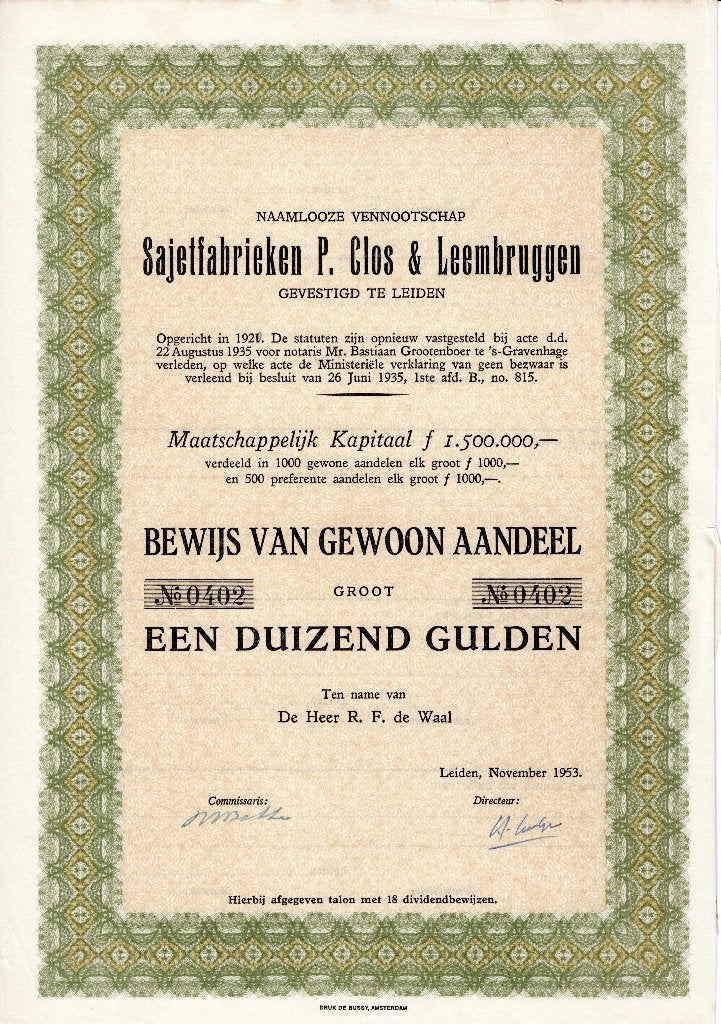 Aandeel Sajetfabrieken te Leiden, Postzegels en Munten, Aandelen en Waardepapieren, Ophalen of Verzenden, 1950 tot 1970, Aandeel