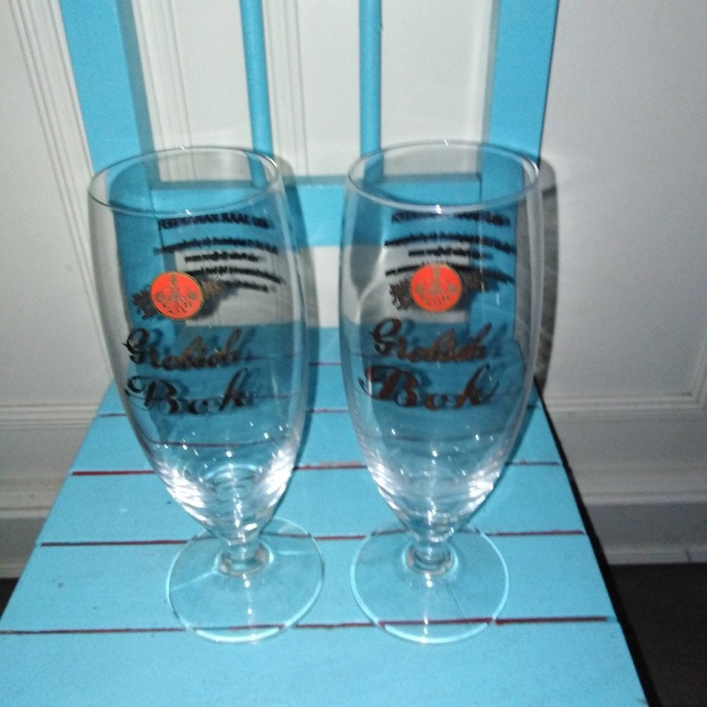 Grolsch Bok bierglazen 400 jaar karakter 2 stuks, Ophalen, Gebruikt, Glas of Glazen, Grolsch
