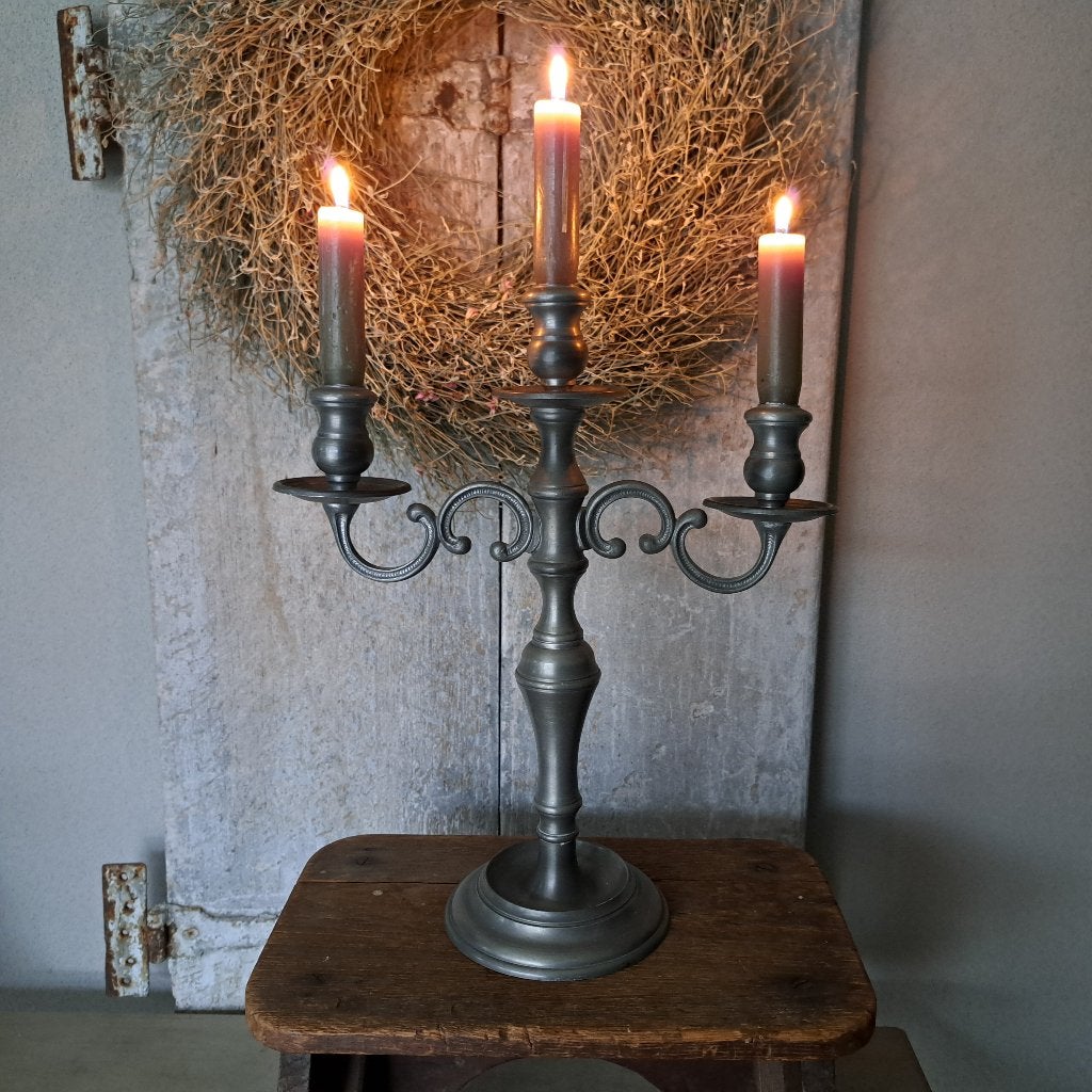 Brocante oude tinnen kandelaar 3-arms hoogte 32cm *Etage3*, Gebruikt, ., Ophalen of Verzenden, .