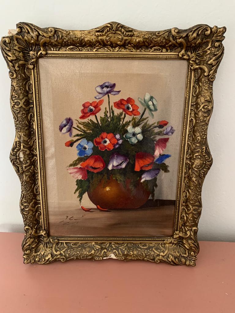 Vintage olieverfschilderij bloemen in vaas, Antiek en Kunst, Kunst | Schilderijen | Klassiek, Ophalen of Verzenden