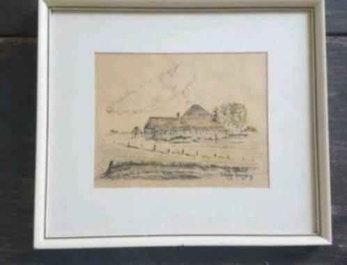 Orig. ingekleurde Tekening Jan Veenendaal Texel boerderij, Ophalen