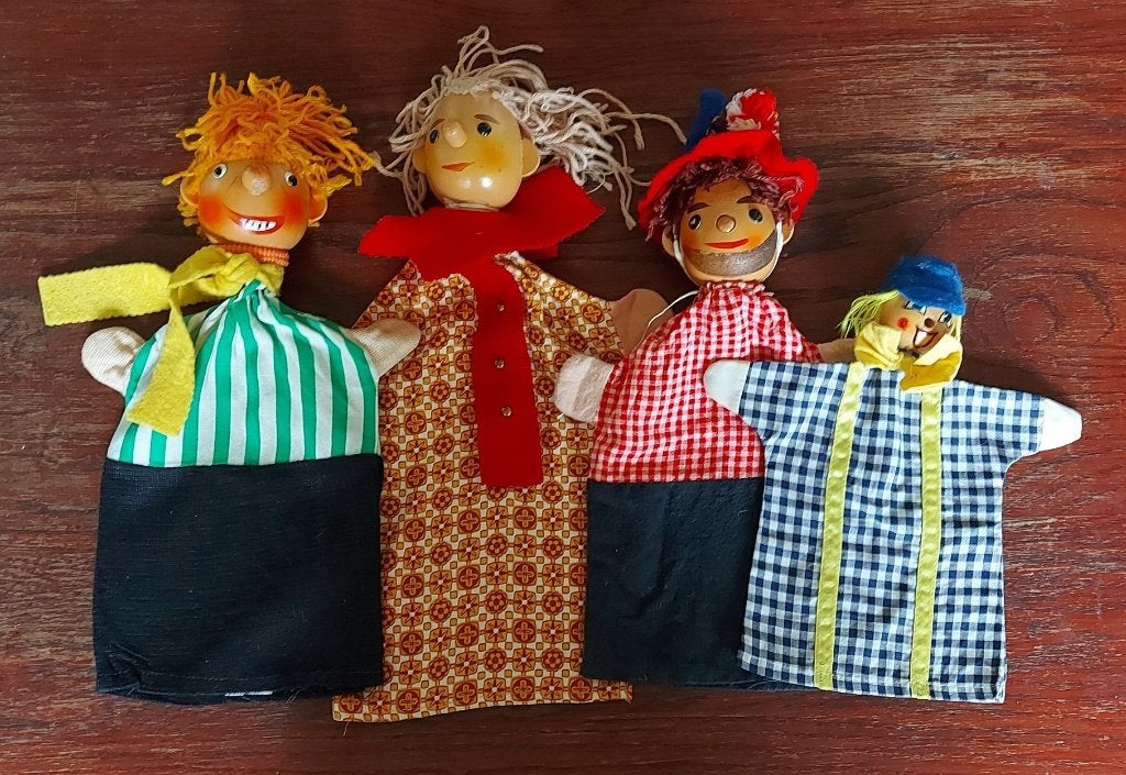 Vintage 4 poppenkastpoppen hout DDR Sonni Sonneberg ´70s, Ophalen of Verzenden