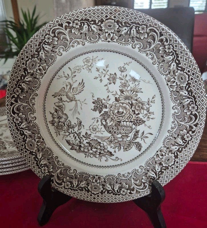 6 Staffordshire Ironstone Dinerborden - Bruin/Wit 22 cm, Antiek en Kunst, Ophalen of Verzenden