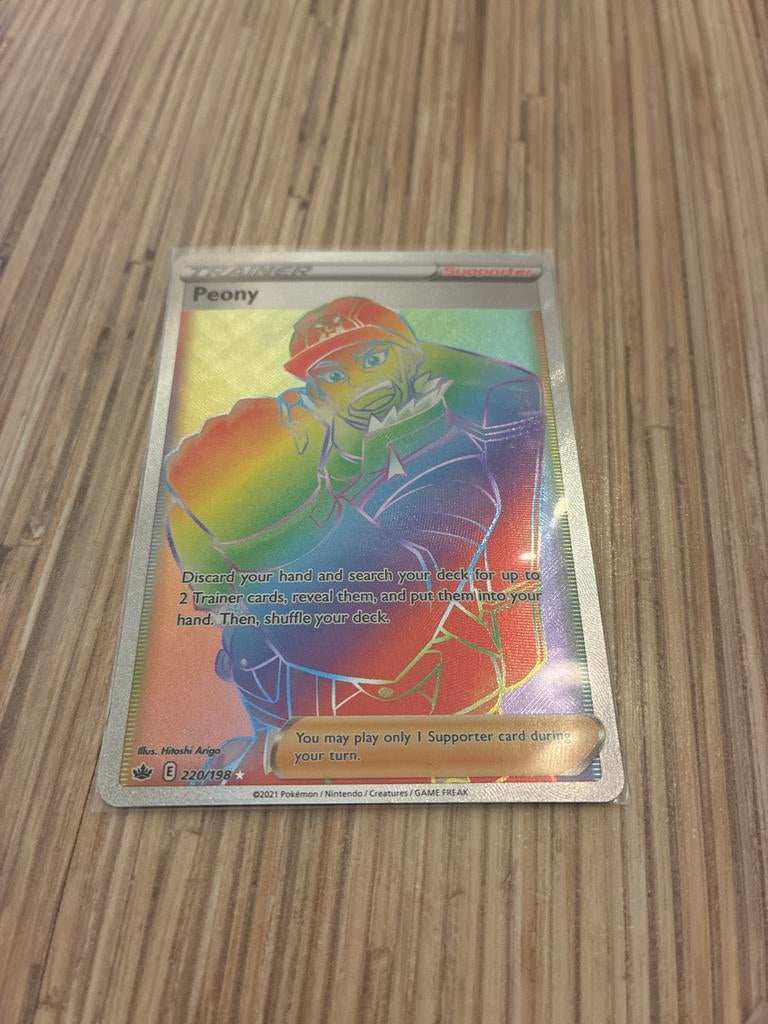 Pokémon TCG Peony Trainer Kaart (Rainbow Rare) 220/198, Ophalen of Verzenden, Zo goed als nieuw, Losse kaart, Foil