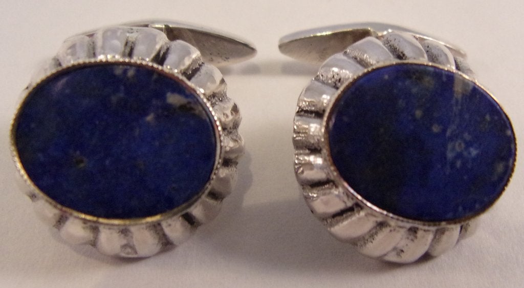 Antieke zilveren manchetknopen met Lapis Lazuli, Verzenden, Zo goed als nieuw, Zilver