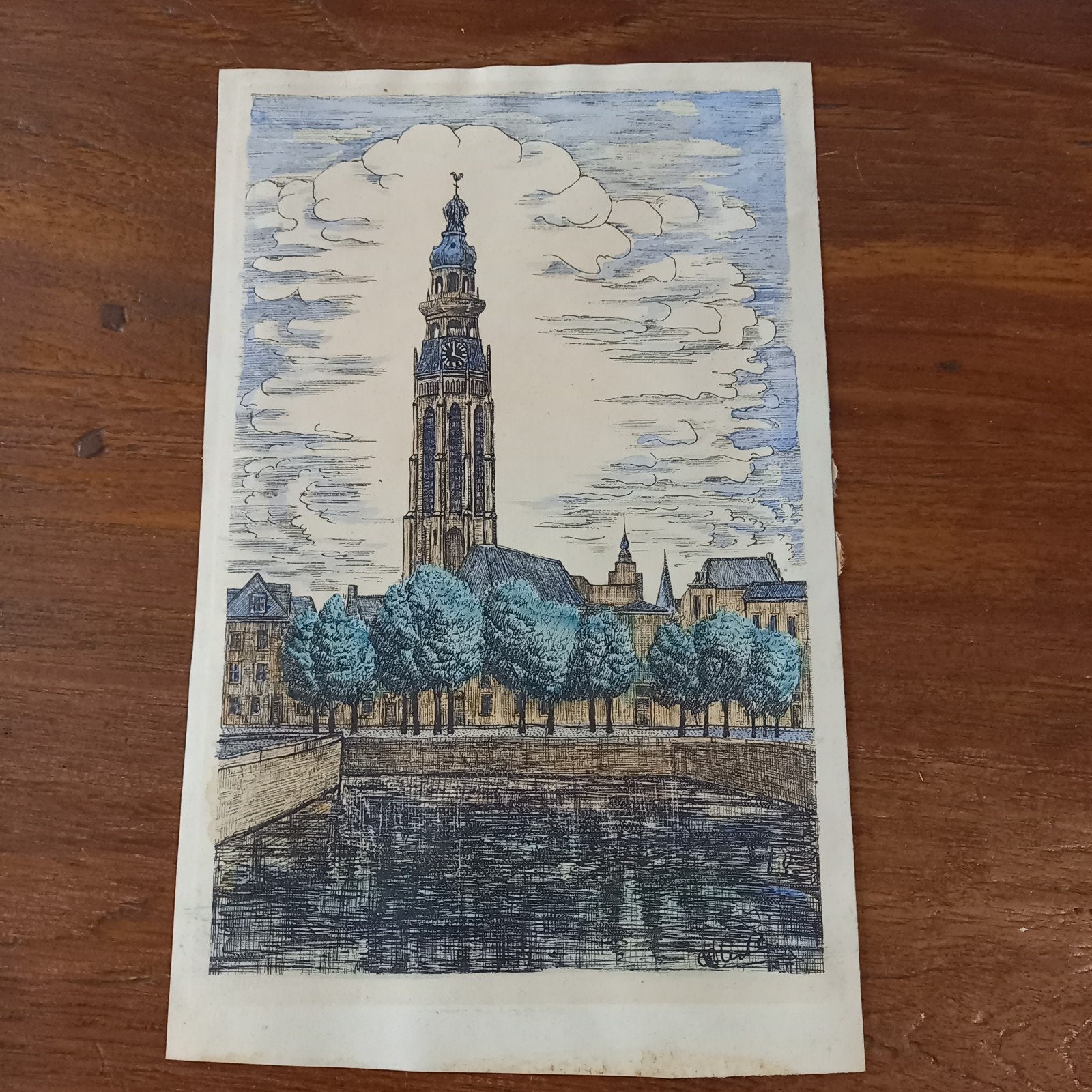 Originele handgekleurde ets Lange Jan Middelburg" W. de Beer, Antiek en Kunst, Ophalen of Verzenden
