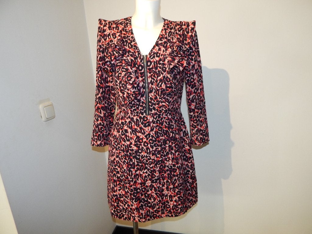 Karen Millen jurk in print rits lijfje ruches kleuren M, Maat 38/40 (M), Karen Millen, Zo goed als nieuw, Knielengte