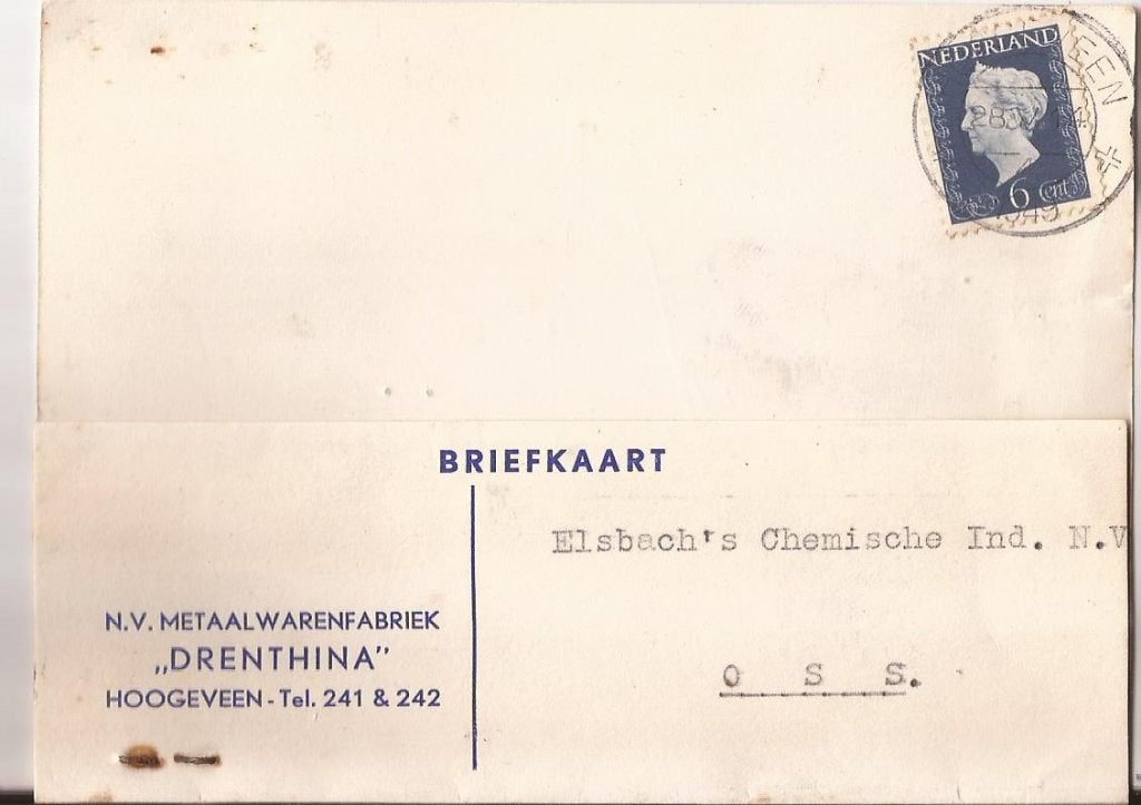 HOOGEVEEN-Oss 1949 DRENTHINA Metaalwarenfabriek, Verzamelen, Ophalen of Verzenden, 1940 tot 1960, Gelopen, Drenthe