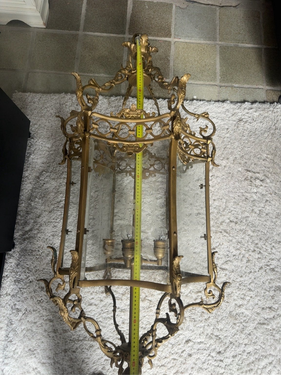 Antieke hanglamp – goud met geëtst glas, Ophalen