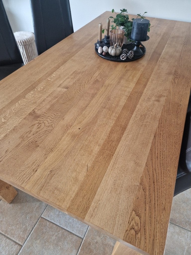 Eiken eettafel eventueel met 6 lederen stoelen H&H., Huis en Inrichting, Ophalen, Gebruikt, Eikenhout, 200 cm of meer