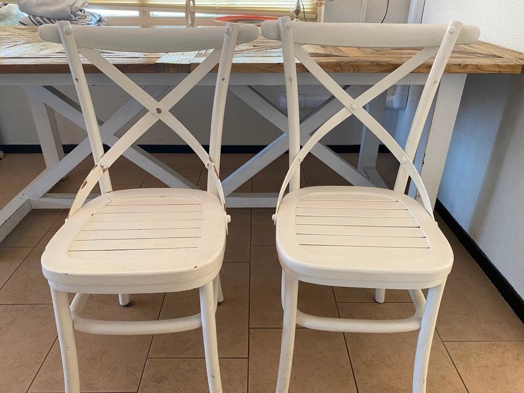 2 originele Rivièra Maison kruisrugstoelen | Wit, Ophalen, Gebruikt, Twee, Wit