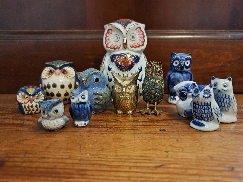 Verzameling van 12 Uil Beeldjes - blauw goud, Ophalen of Verzenden, Gebruikt, Dier