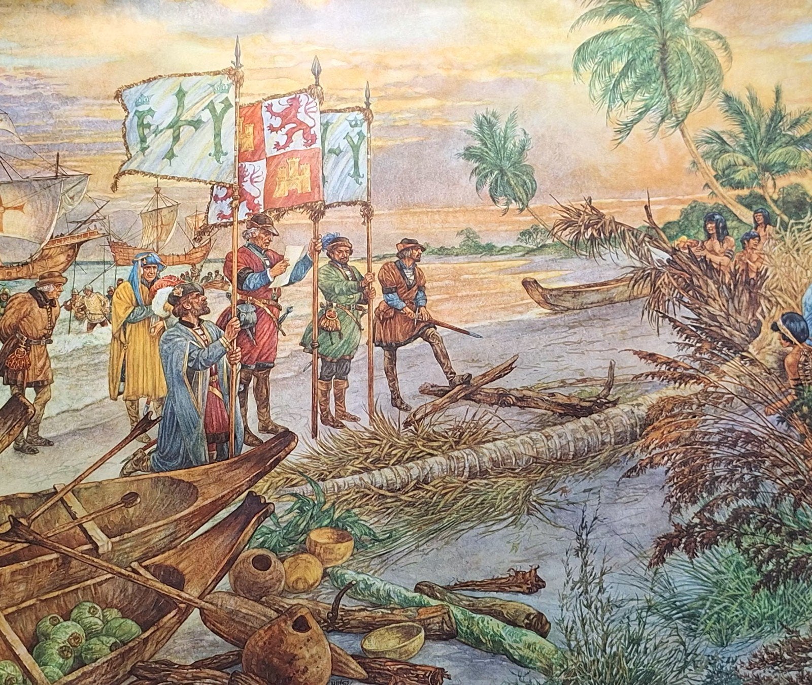 Vintage Poster: Columbus neemt Guanahini in bezit, Gebruikt, Rechthoekig Liggend, Ophalen of Verzenden, A1 t/m A3
