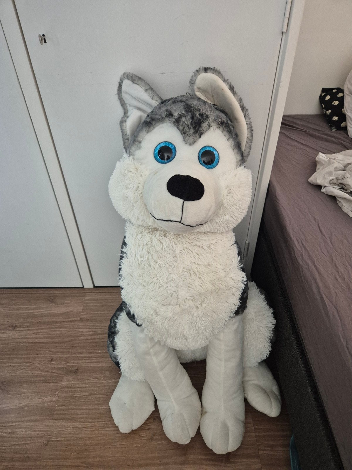Grote knuffelhond Husky met blauwe ogen - 100cm, Grijs, Zo goed als nieuw, Groot (groter dan 80 cm), Hond