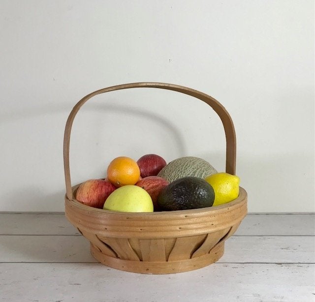Vintage Franse spaan houten ronde mand met hengsel, Mand, Rond, Ophalen of Verzenden, Zo goed als nieuw