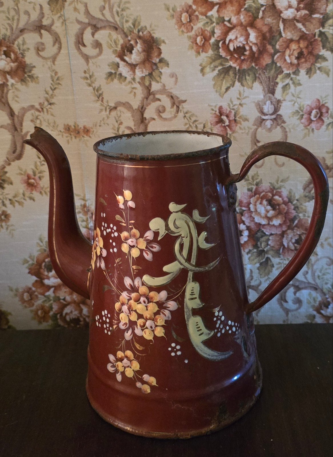 Oude Franse emaille reliëf gebloemde koffiepot, Antiek en Kunst, Ophalen of Verzenden