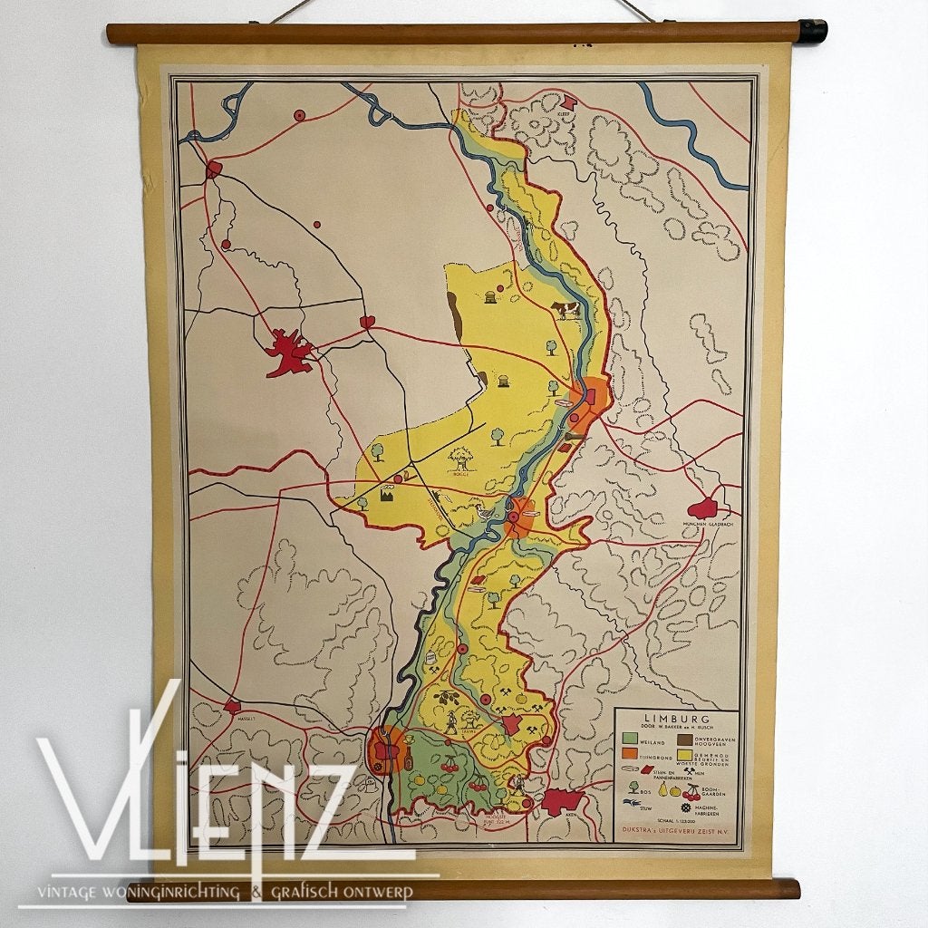 Vintage schoolplaat, schoolkaart Limburg mijnen, Ophalen, Aardrijkskunde