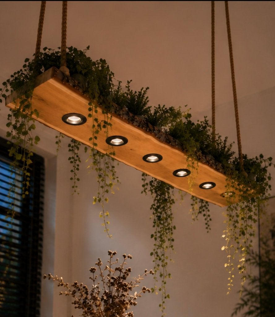Houten Hanglamp Eiken + dimbare spots maatwerk 60 - 200cm, GU10, Hout, Nieuw, Modern, Rustiek, Hout, Eik, Chic