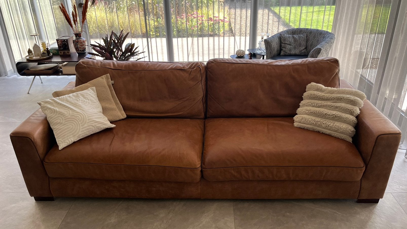 Leren 4-zitsbank 260 cm breed, Ophalen, 250 tot 300 cm, Gebruikt, 100 tot 125 cm