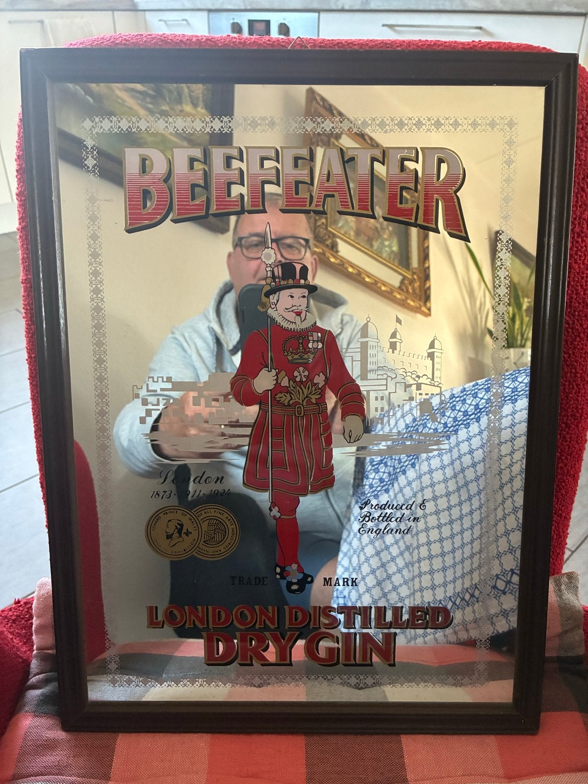 Vintage Beefeater London Dry Gin Spiegel Reclamebord, Ophalen of Verzenden, Rechthoekig, Minder dan 50 cm, Minder dan 100 cm