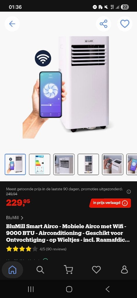 BluMill Smart Airco - Airco met Wifi -Airconditioning (MP.C), Ophalen, Minder dan 60 m³, Timer, 3 snelheden of meer