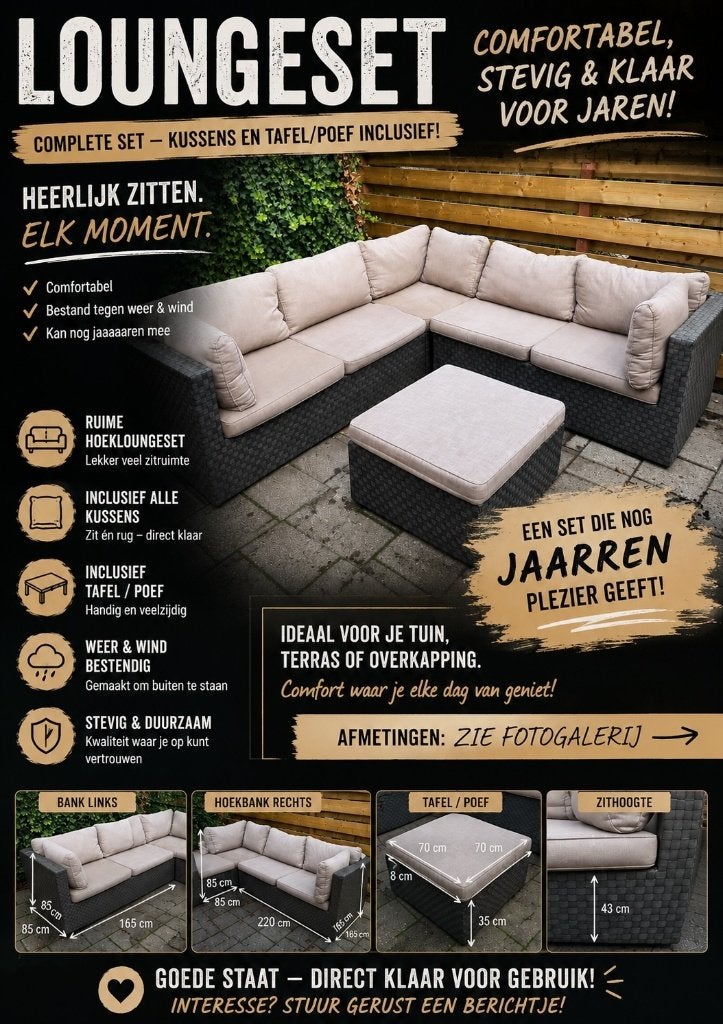 LUXE LOUNGESET – HEERLIJK ZITTEN & KAN NOG JAREN MEE!, Ophalen, 5 zitplaatsen, Kunststof, Gebruikt