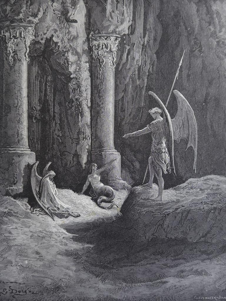 Antieke houtgravure - Satan bij poort vd hel - Gustave Doré, Antiek en Kunst, Verzenden, Religie, 30 cm, 1800 - 1899